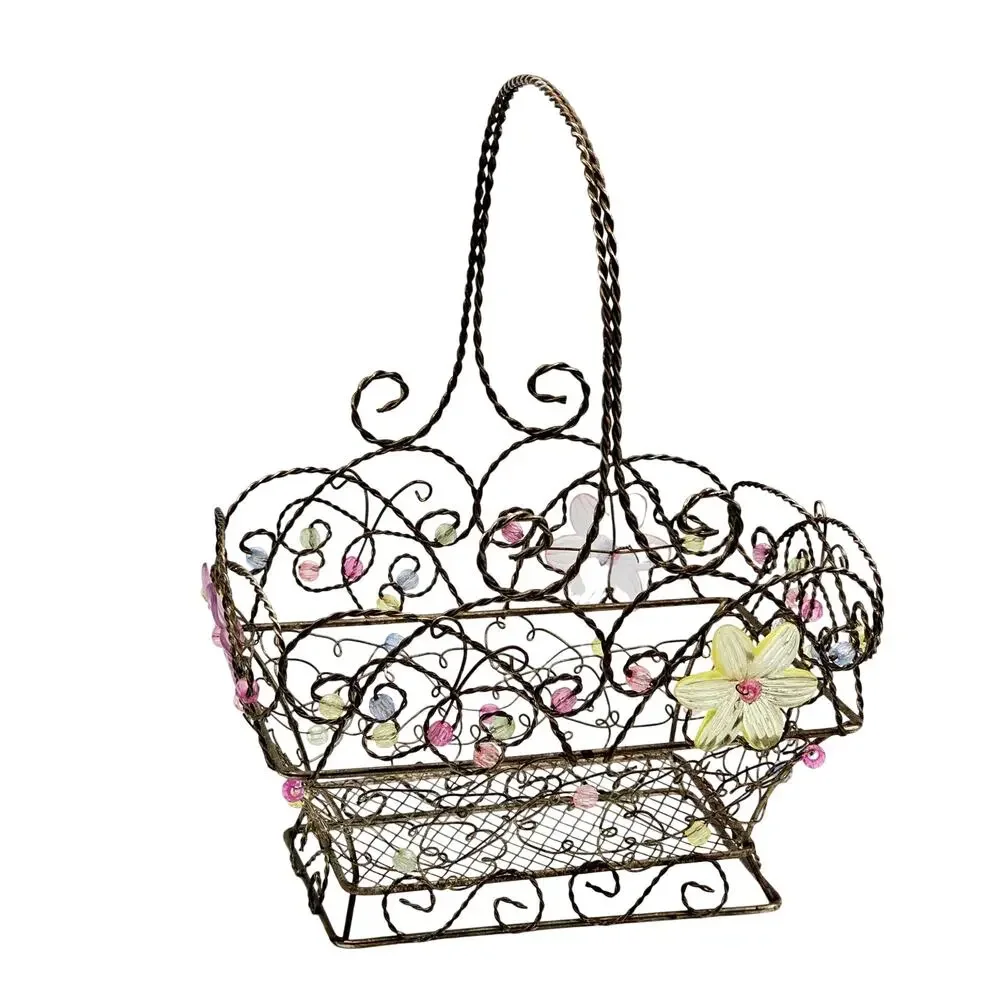 Vintage Beaded Wire Metal Basket Twisted Handle Floral Acrylic Beads Pink Yellow